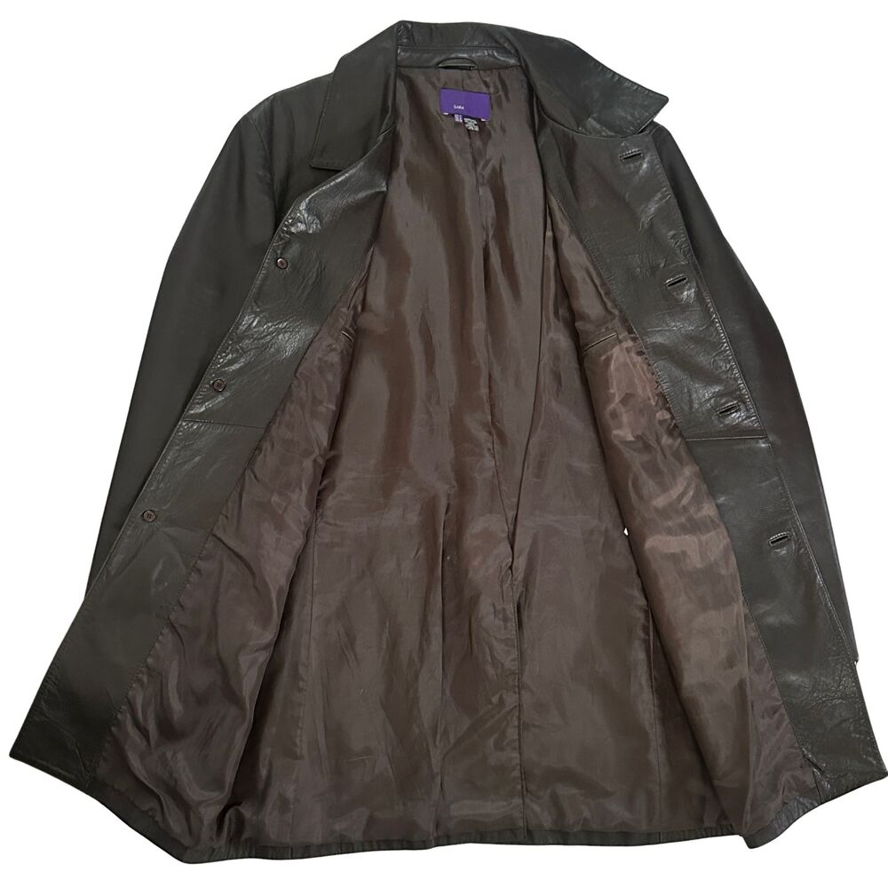 Zara Mens Leather Car Coat TRENCH COAT Brown Button Front Mid Length Size MEDIUM - Picture 8 of 11